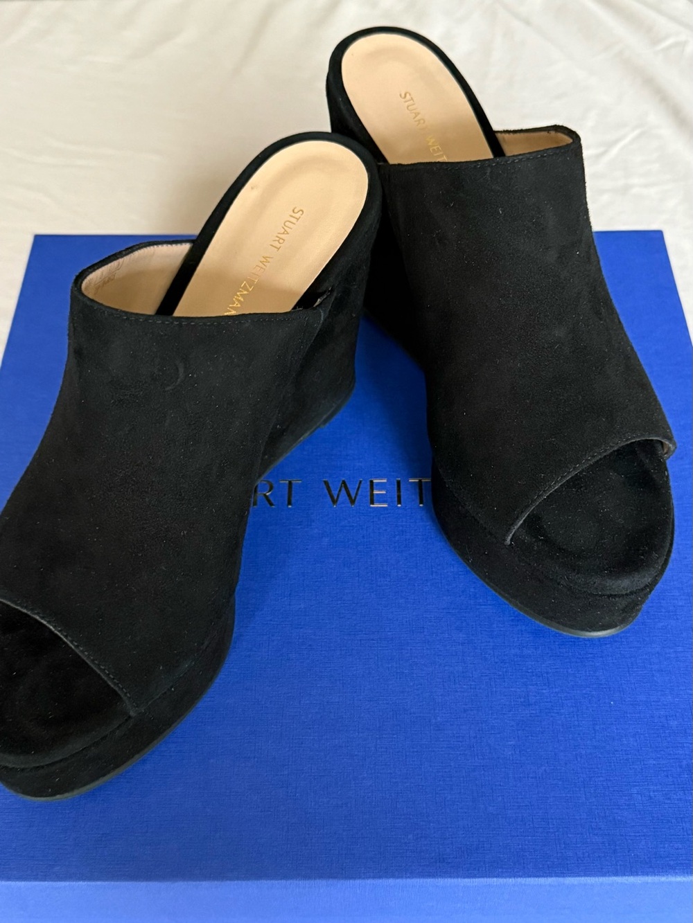 Stuart Weitzman Black Suede Open-Toe Wedge Mules NIB SZ 7.5